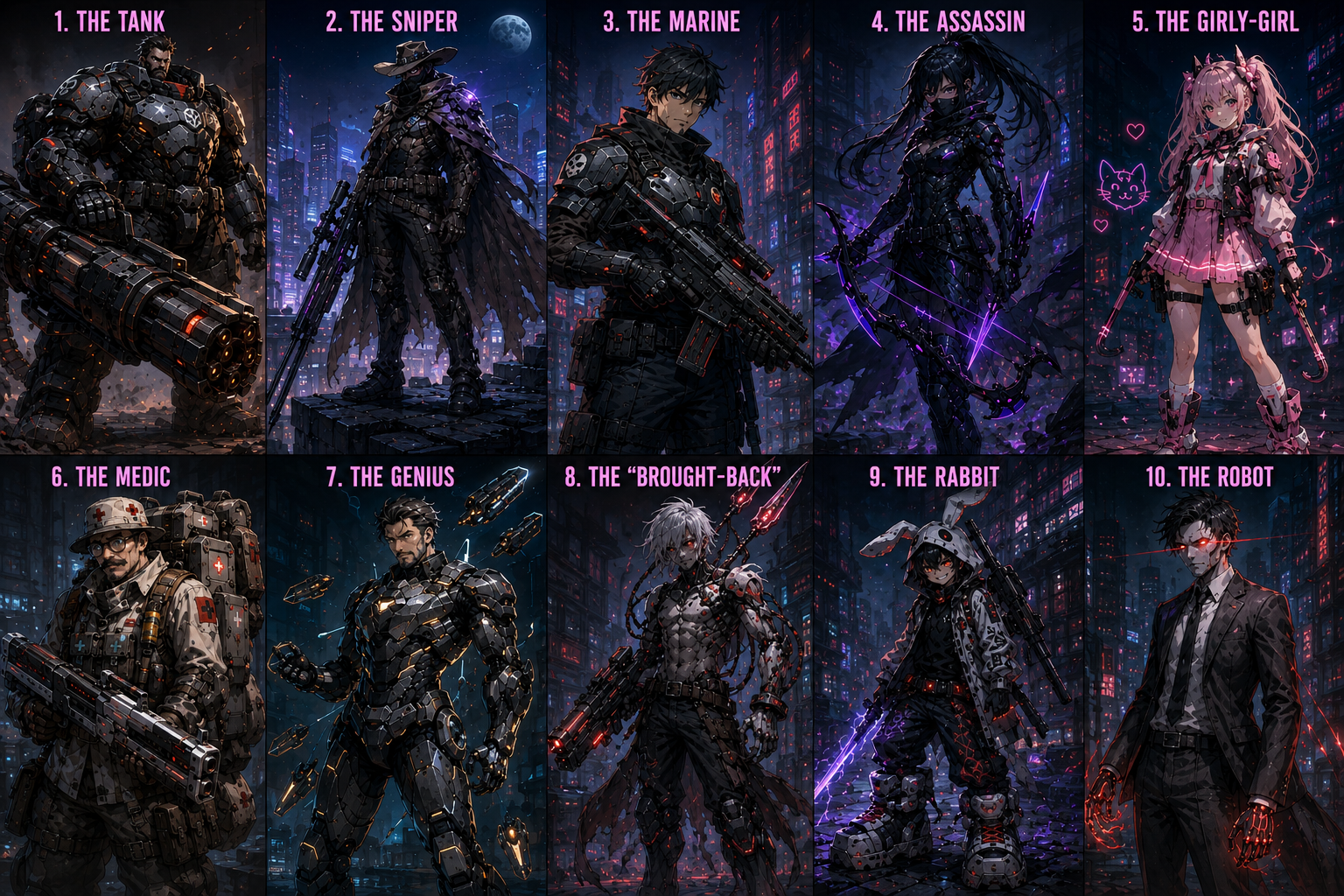 Futuristic Character Pack — sci-fi cyberpunk characters in a neon city setting